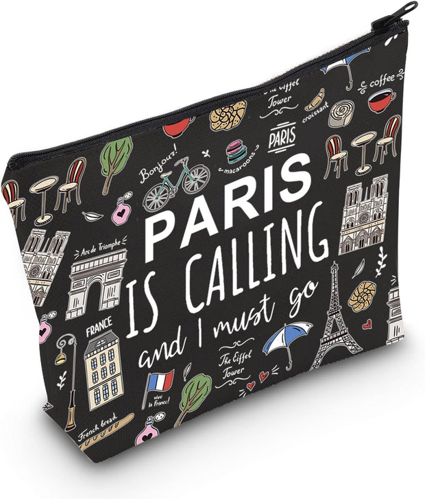 Paris Themed Gifts Paris Is Calling and I Must Go Cosmetic Bag Paris Lover Gift (Paris Is Calling Black Bag)