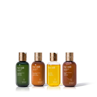 4Pc Travel Essentials & Discovery Set - Body Lotion, Oil, Wash & Hand Sanitizing Gel - 4 X 80Ml Bottles (2.67 Fl Oz, Black Tea & Bergamot | BE STILL)