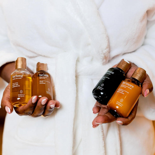 4Pc Travel Essentials & Discovery Set - Body Lotion, Oil, Wash & Hand Sanitizing Gel - 4 X 80Ml Bottles (2.67 Fl Oz, Black Tea & Bergamot | BE STILL)