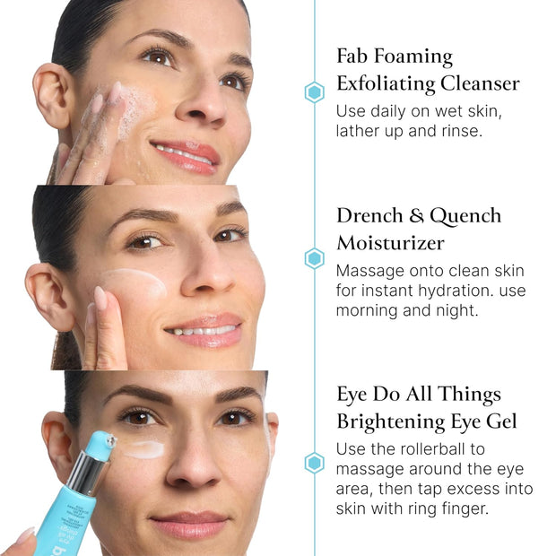 Skincare Essentials Skincare Kit - Eye Do All Things Hydrating Eye Gel, Drench & Quench Hyaluronic Acid Face Moisturizer & 2-In-1 Foaming Facial Cleanser and Exfoliator