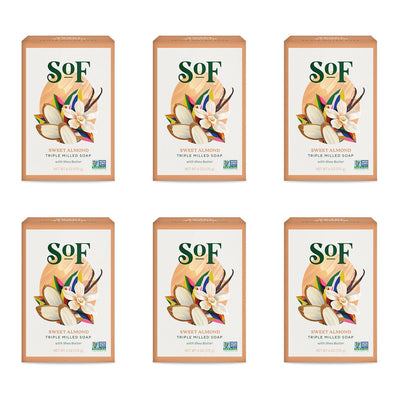 Sof Triple Milled Bar Soap - with Coconut Oil & Organic Shea Butter- Vegan & Non GMO- Free from Phthalates, Sulfates & Parabens- Sweet Almond - 6 Oz Bar 6 Bars