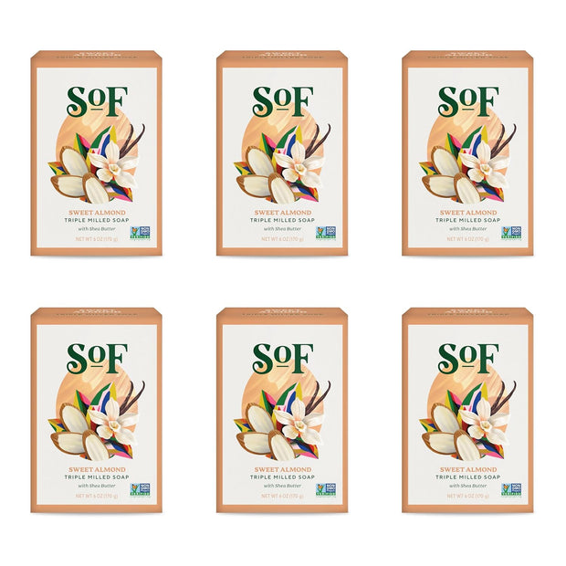 Sof Triple Milled Bar Soap - with Coconut Oil & Organic Shea Butter- Vegan & Non GMO- Free from Phthalates, Sulfates & Parabens- Sweet Almond - 6 Oz Bar 6 Bars