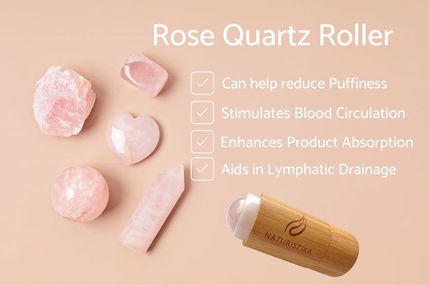 Double Head Face Roller with Rose Quartz + Volcanic Stone. Bamboo Face Roller Oil Absorbing Roller with Natural Quartz Face Eye Roller Massager. 1 Count.