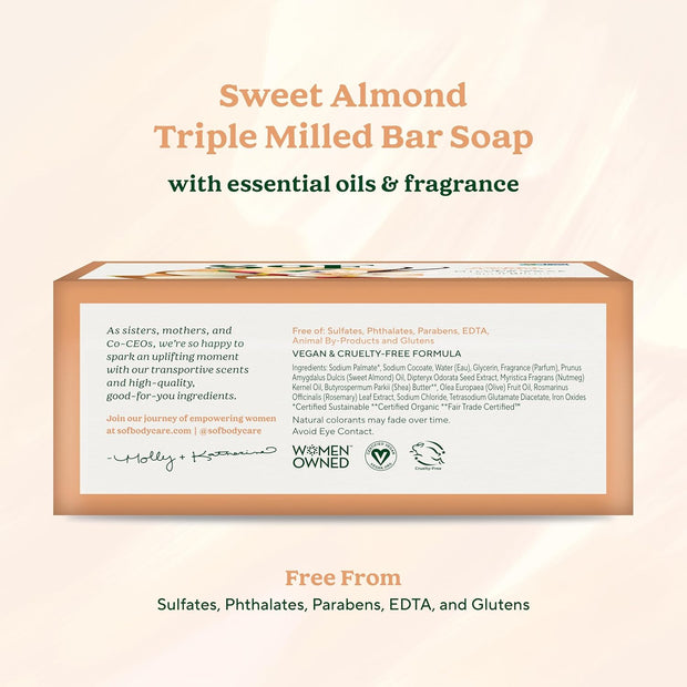 Sof Triple Milled Bar Soap - with Coconut Oil & Organic Shea Butter- Vegan & Non GMO- Free from Phthalates, Sulfates & Parabens- Sweet Almond - 6 Oz Bar 6 Bars