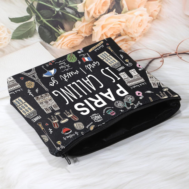 Paris Themed Gifts Paris Is Calling and I Must Go Cosmetic Bag Paris Lover Gift (Paris Is Calling Black Bag)