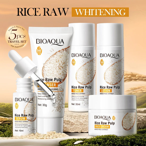 Rice Whitening Skin Care Set, Facial Cleanser+Toner+Essence+Lotion+Cream,Brightning Htdrating Serum,Women Skin Care