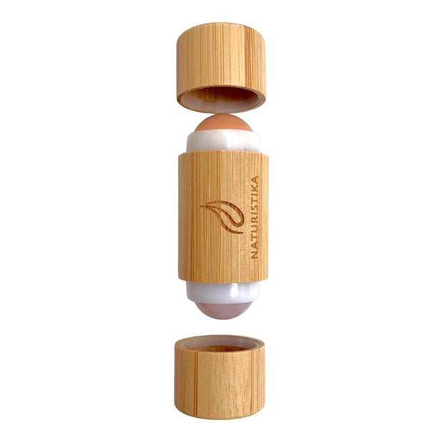 Double Head Face Roller with Rose Quartz + Volcanic Stone. Bamboo Face Roller Oil Absorbing Roller with Natural Quartz Face Eye Roller Massager. 1 Count.