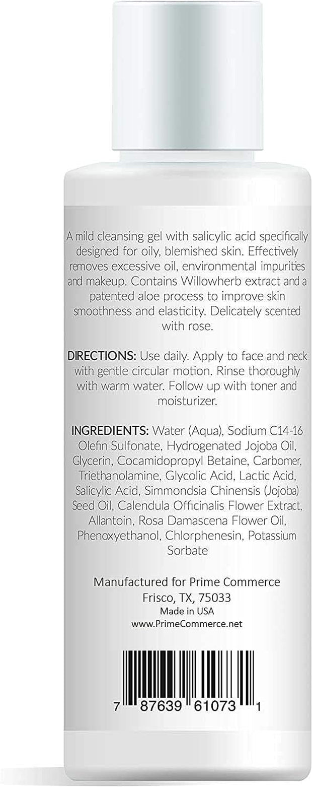 Acne Control Facial Cleanser - Anti-Aging Exfoliating Wash with Glycolic & Salicylic Acid, Rose-Scented, Made in USA, Organic & Natural Ingredients