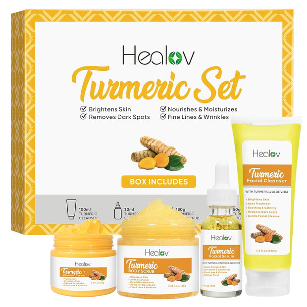 Turmeric Skincare Set – Turmeric Face Cleanser, Body Scrub, Cream & Facial Serum – Skin Brightening Hyperpigmentation Treatment, Dark Spot Corrector – Skincare Kit for a Glowing Complexion