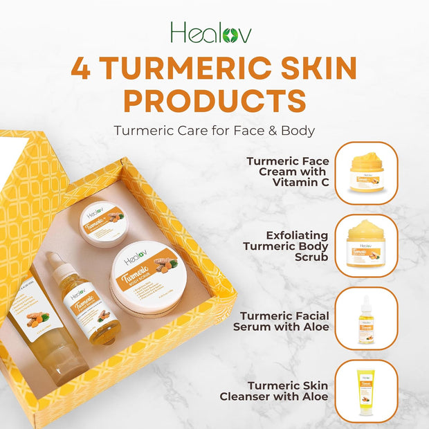 Turmeric Skincare Set – Turmeric Face Cleanser, Body Scrub, Cream & Facial Serum – Skin Brightening Hyperpigmentation Treatment, Dark Spot Corrector – Skincare Kit for a Glowing Complexion